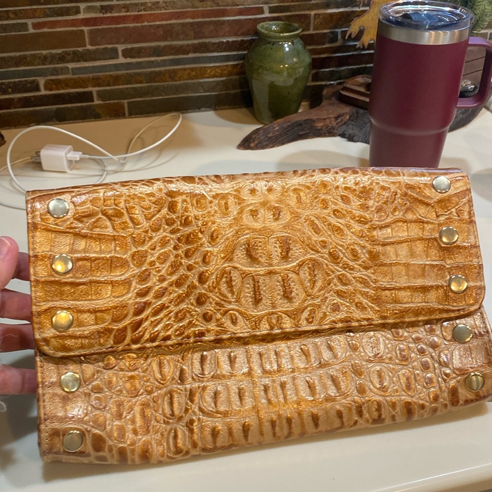 Faux Alligator embossed leather clutch purse in copper & tan with gold details